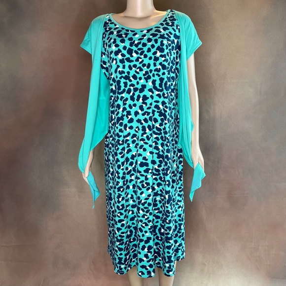 Cuddl Duds Flexwear Tie-Front Midi Dress Lagoon/Animal Petite X-Large - Picture 2 of 4